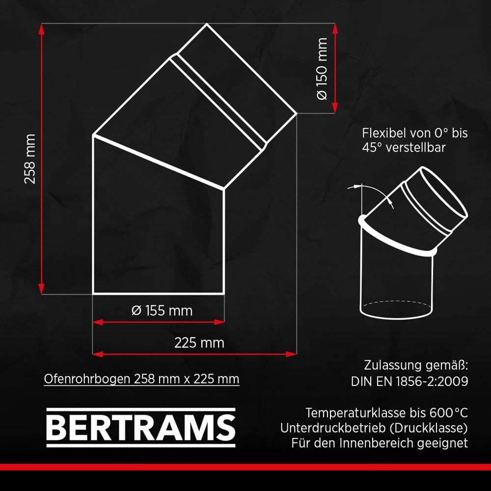 BERTRAMS Ofenrohr 150mm Ø Bogen ohne Tür Schwarz | Stahlrohr mit 0-45° Winkel | Feuerrohr aus Stahlb