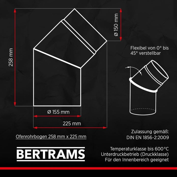 BERTRAMS Ofenrohr 150mm Ø Bogen ohne Tür Schwarz | Stahlrohr mit 0-45° Winkel | Feuerrohr aus Stahlb