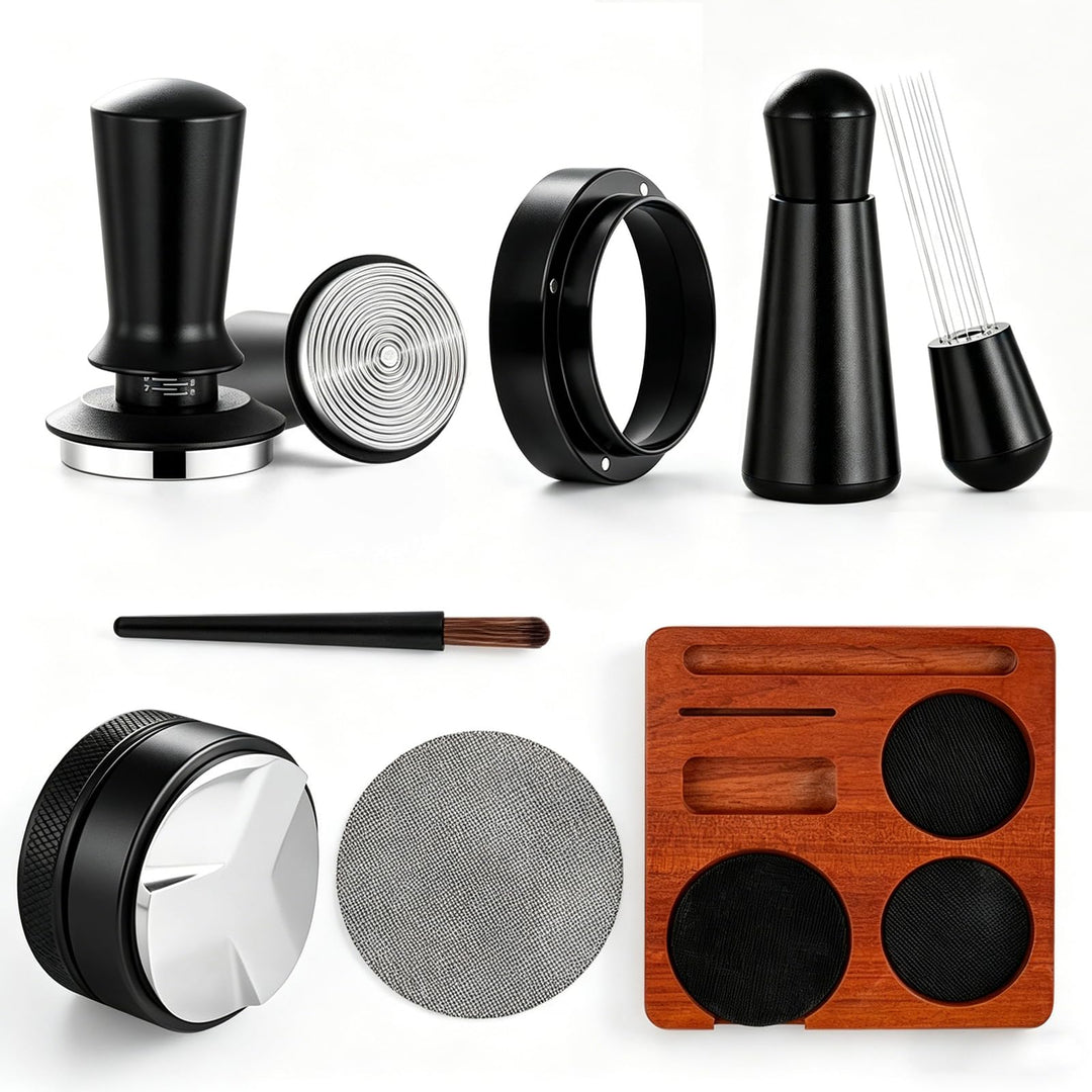 Espresso Zubehör Set 7tlg. – WDT Tool, Tamper, Distributor, Dosierring & Tamperstation | Barista Set