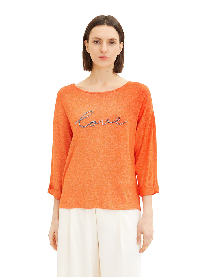 TOM TAILOR Damen T-Shirt mit Stickerei S 31140 - Fever Red Melange, S 31140 - Fever Red Melange