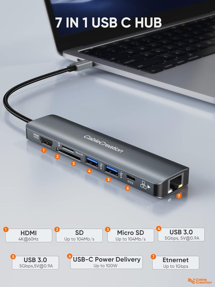 CableCreation USB C Hub,7 in 1 Multiport Adapter mit HDMI 4K 60Hz,Ethernet 1Gbps, 100W PD, SD, Micro