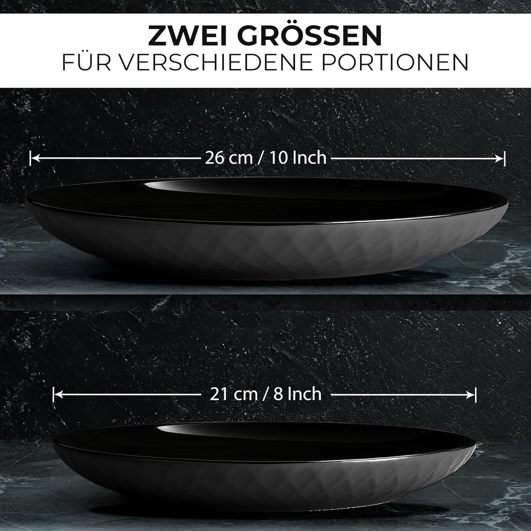 MIAMIO - 6er Geschirrset/Teller Set modern aus Keramik für 6 Personen - Palmanova Kollektion (Schwar