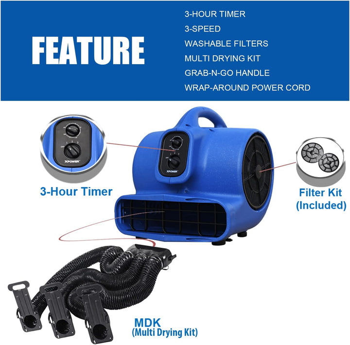 XPower X-400TF-MDK Professional Pet Grooming Carbon Dust Free Cage Dryer with Multi Drying Kit & Tim