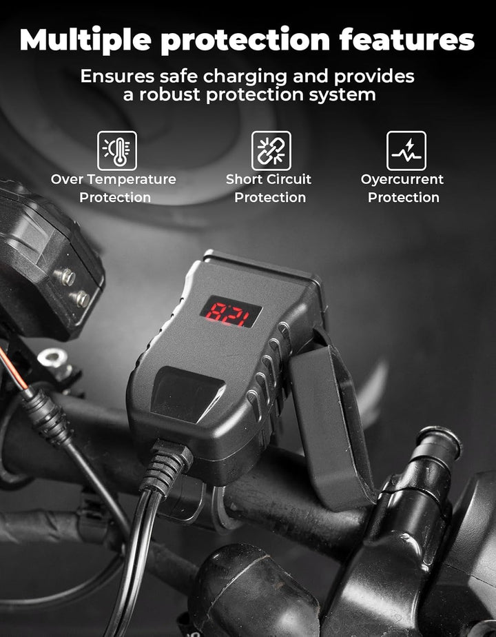 KEMIMOTO Motorrad USB Ladegerät, USB-A Type-C mit EIN/Aus-Schalter und LED-Spannungsmesser, IP66, 2