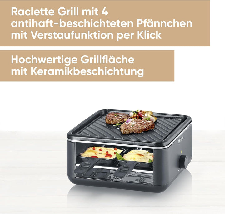 SEVERIN Mini Raclette-Grill für 4 Personen, kleines Raclette mit antihaftbeschichteter Grillplatte,
