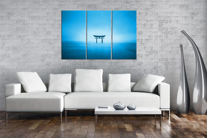 deyoli Schrein in Japan am Meer Format: 120x80 cm (3Teilig) Effekt: Monocrome Blau als Leinwandbild,