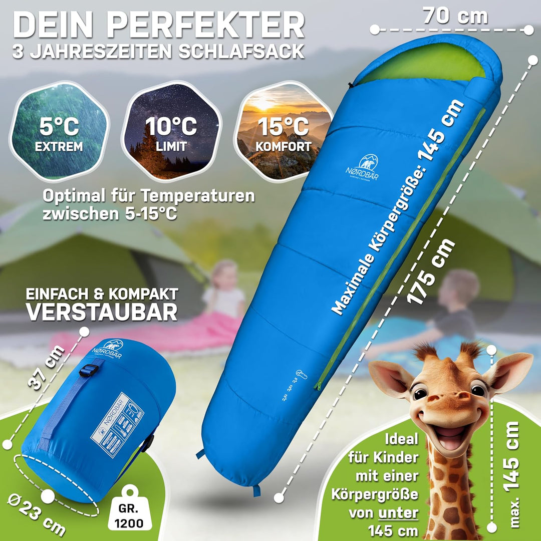 NORDBÄR® Kinderschlafsack für Jungs &amp; Mädchen bis 145 cm Körpergrösse | Innenfutter aus 100% Baumwol
