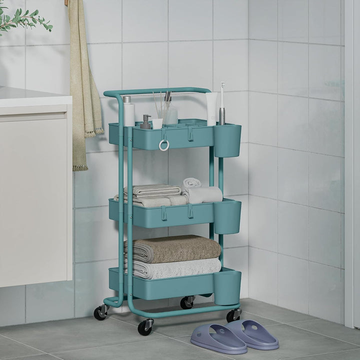 HOMCOM 3-stöckiger Rollwagen 42x38x86,5 cm Blau-Grün | Regalboden, 4 Haken, 3 abnehmbare Hängekörbe,