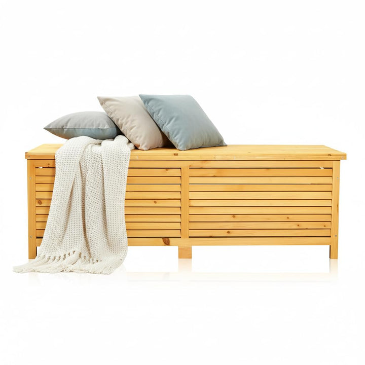 Melko Auflagenbox Kissenbox Gartenbox mit klappbarem Deckel, regenfest, aus Holz, 46 x 140 x 52 cm,