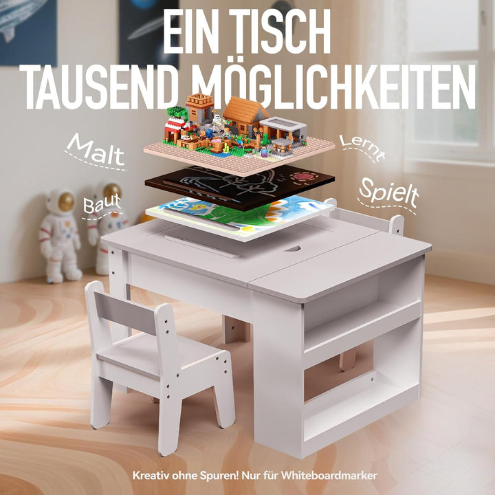 kindertisch mit 2 stühlen,Multifunktion Spielen Malen Lesen, 4 Wechselplatten, verstellbar & kippsic