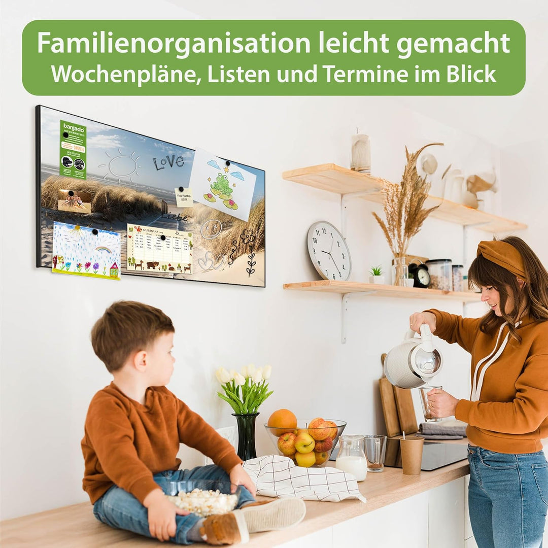 banjado Magnettafel schwarz 78 x 37cm / Magnetwand Metall/Magnetpinnwand als Memoboard/Pinnwand Magn