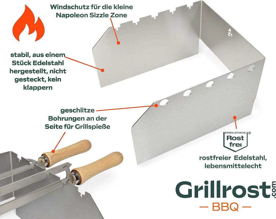 Grillrost.com Das Original Edelstahl Windschutz und Spiesshalter | für Napoleon kleine Sizzle Zone (