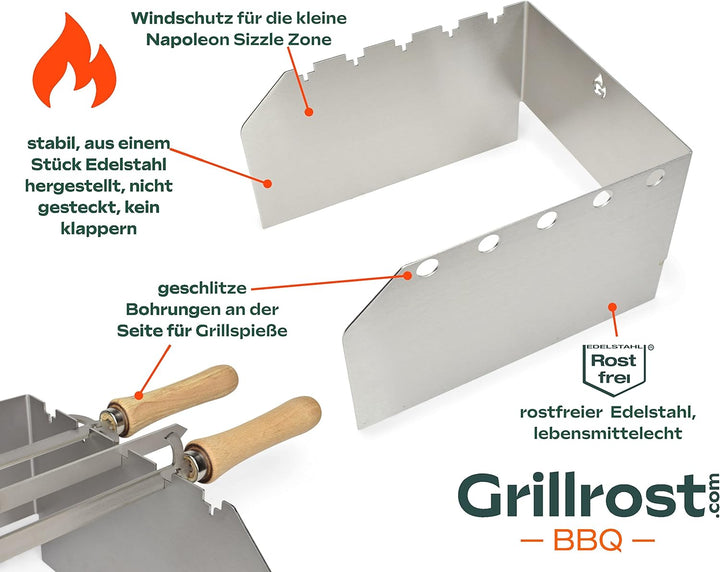 Grillrost.com Das Original Edelstahl Windschutz und Spiesshalter | für Napoleon kleine Sizzle Zone (