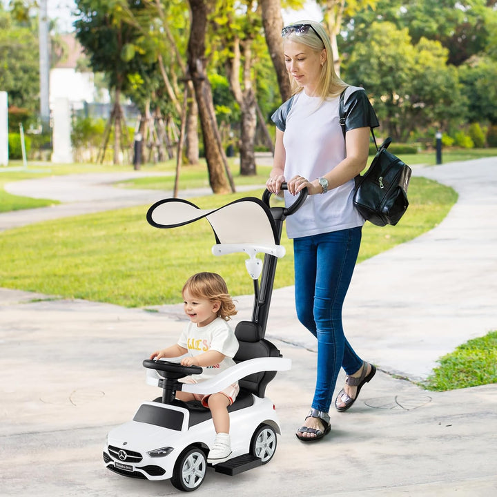 DREAMADE Rutschauto mit Schiebestange, 3 in 1 Rutschfahrzeug mit Horn, verstellbarem Sonnendach & St