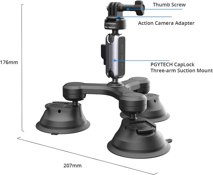 PGYTECH CapLock Dreifach-Saughalterung für DJI OSMO Action 4/3/2, Gopro Hero 12/11/10/9 mit 1/4"-20