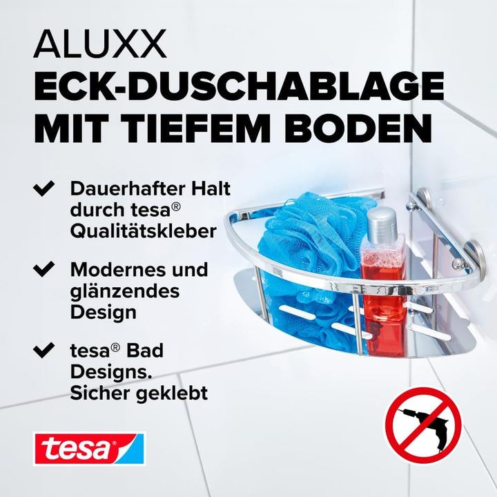 tesa ALUXX Eckablage für die Dusche, Aluminium, verchromt, rostfrei, inkl. Klebelösung, tiefer Boden