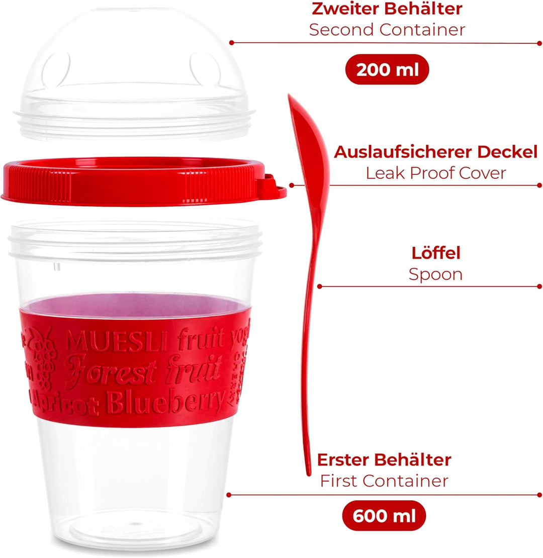 spar-home® 4er Set Joghurtbecher To Go 600ml –Müslibecher To Go mit Löffel Müsli To Go Becher mit De