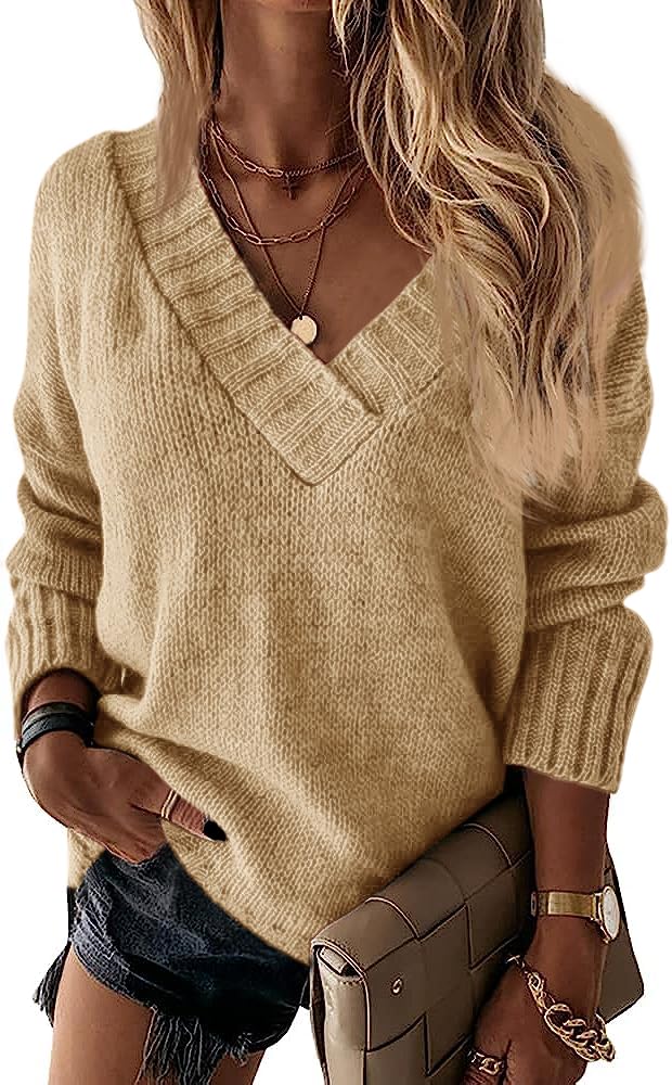 Wenrine Damen Pullover Winter Langarm V-Ausschnitt Strickpullover Sexy Lose Einfarbig S Khaki, S Kha