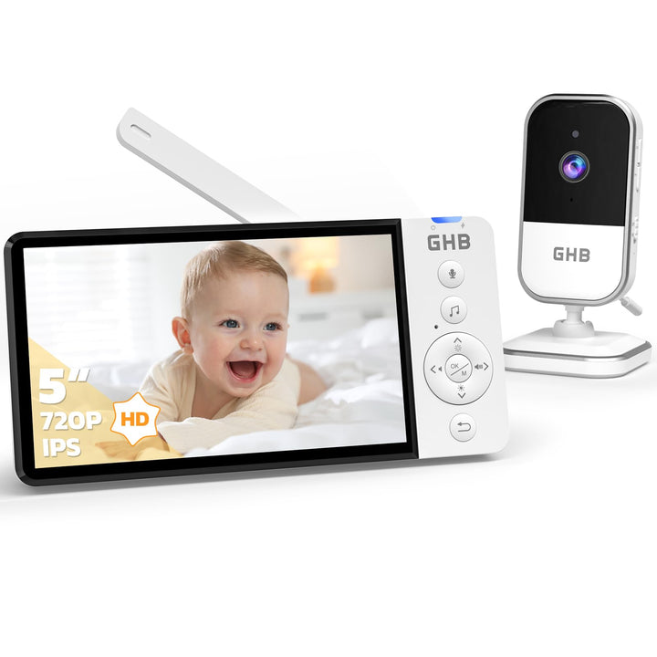 GHB Babyphone mit Kamera 5 Zoll IPS-Display 720P 5000 mAh VOX-Energiesparmodus 4X Zoom Nachtsicht Zw