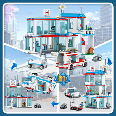 QLT QIAOLETONG City Krankenhaus 3 in 1 Baustein Set, Kompatibel Mit Lego Krankenhaus, inklusive Rett