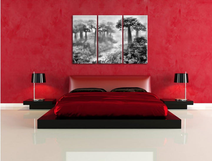 Pixxprint Mysteriöser Wald im Nebel als Leinwandbild/Grösse: 3 Teilig (120x80) cm/Wandbild/Kunstdruc