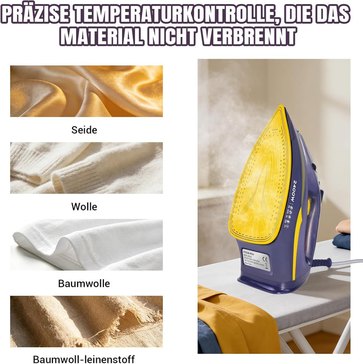 2400W Dampfbügeleisen, 350ML Wassertank, 2m Kabel, 110g Dampfstoss, 40g Dauerhaftdampf, variable Tem