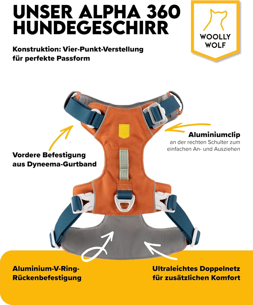 Woolly Wolf Alpha 360 Hundegeschirr für kleine Hunde &amp; Welpen XS Terracotta Mix – Geschirr mit 4-Pun