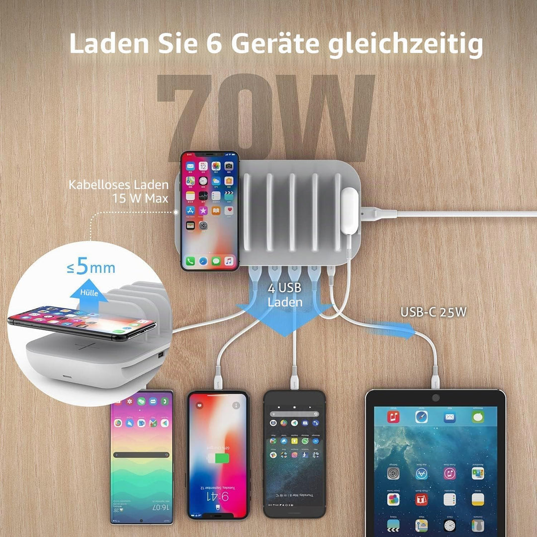 SooPii 70W Mehrgeräte-Ladegerät mit 5 Ports, 15W Wireless Charging und 25W USB C PD/PPS-Schnellladun