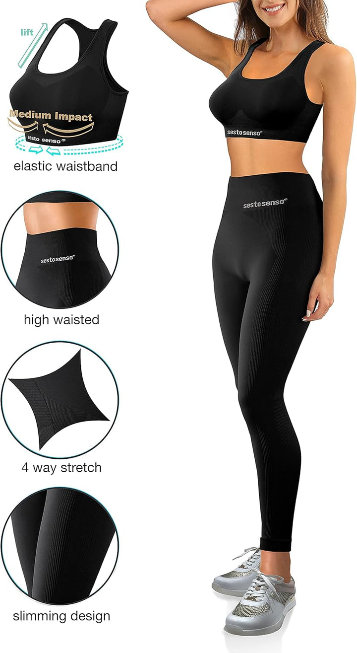 sesto senso Sportzeug Damen Set Fitness Yoga BH + Leggings Nahtlose Sportbekleidung L-XL Schwarz, L-