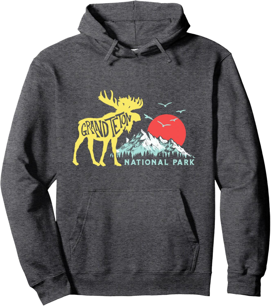 Grand Teton National Park Moose & Mountains Typography Pullover Hoodie