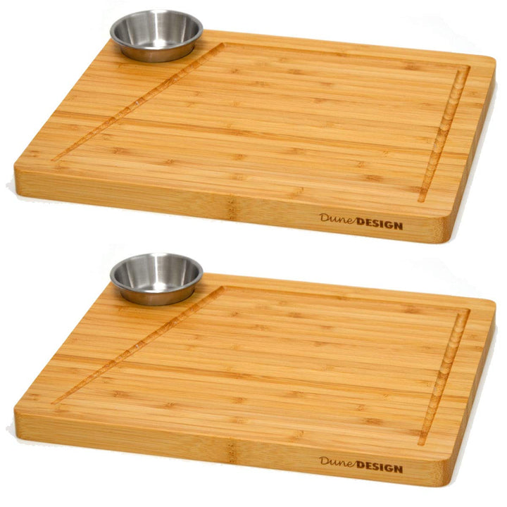 DuneDesign 2x Steakteller Holz mit Dipschalen - 30x25cm Bambus Teller Set - Grill Servierplatte Holz