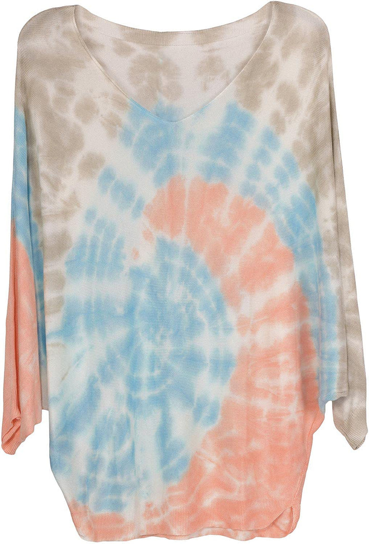 styleBREAKER Damen Feinstrick Poncho mit Batik Muster, 3/4 Ärmel, V-Ausschnitt, sommerlich leicht, E