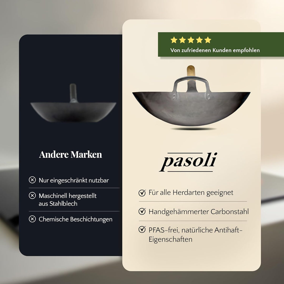 pasoli handgehämmerter Wok inkl. gratis Rezepte eBook - traditionelle Asiapfanne - Bratwok aus Carbo