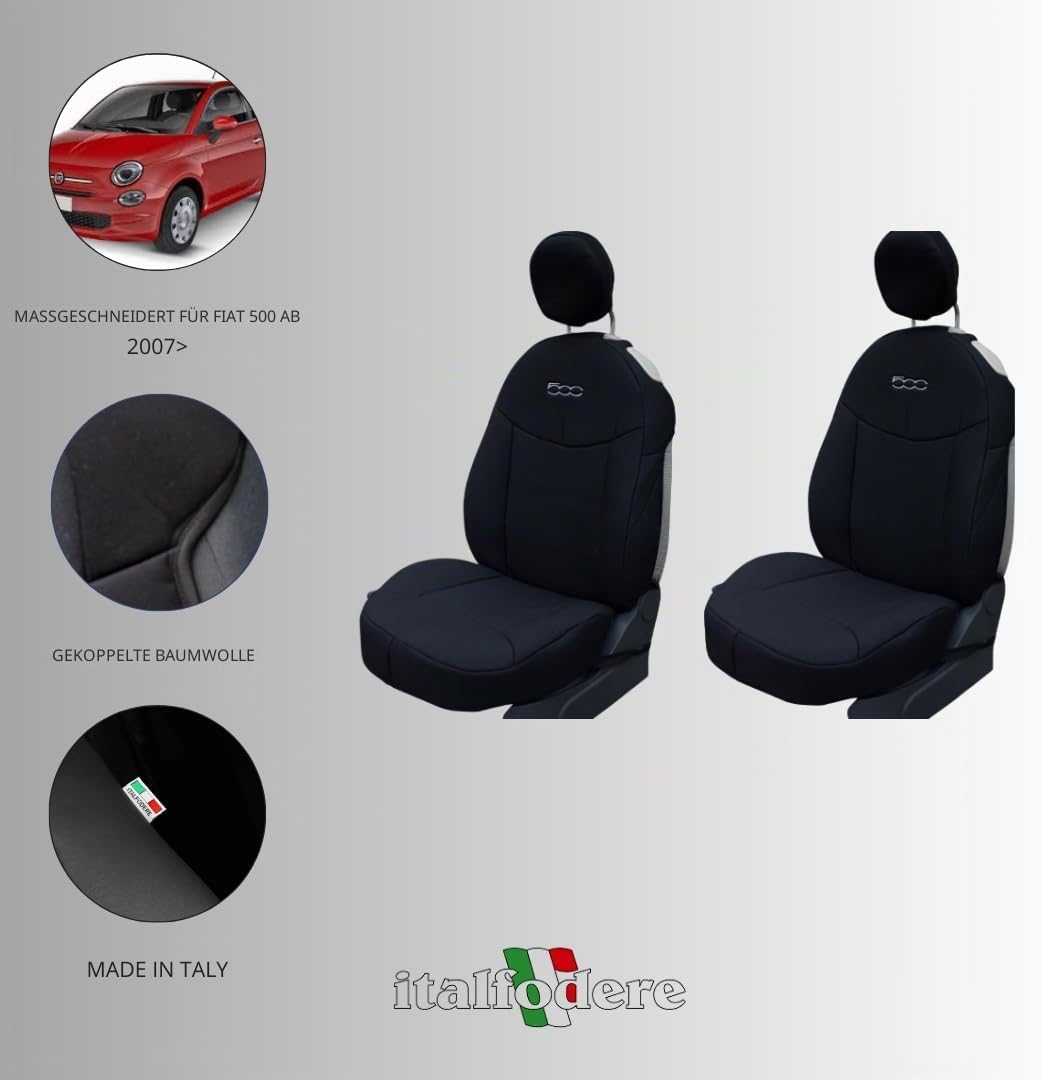 Italfodere Paar Vordersitzbezüge kompatibel mit Fiat 500 ab 2007, schwarz