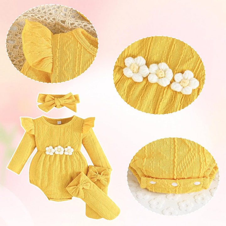 Kunyeah 3Pcs Baby Mädchen Outfits Kleinkind Ruffle Strampler Langarm Bodysuit+Bow Haarband+Socken Ne