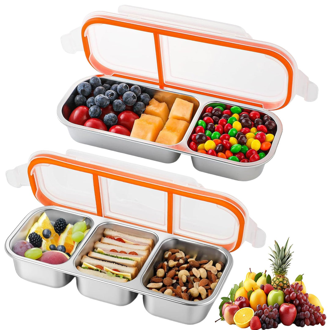 2 Stück Snackbox mit Fächern, Brotdose Kinder mit Fächern aus Edelstahl, Snackschale mit Deckel, Lec