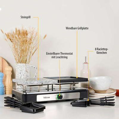 Tristar Raclette RA-2747 – 4-in-1 – Raclette/Kochstein/Grill/Teppanyaki – 8 Personen – 1400 W