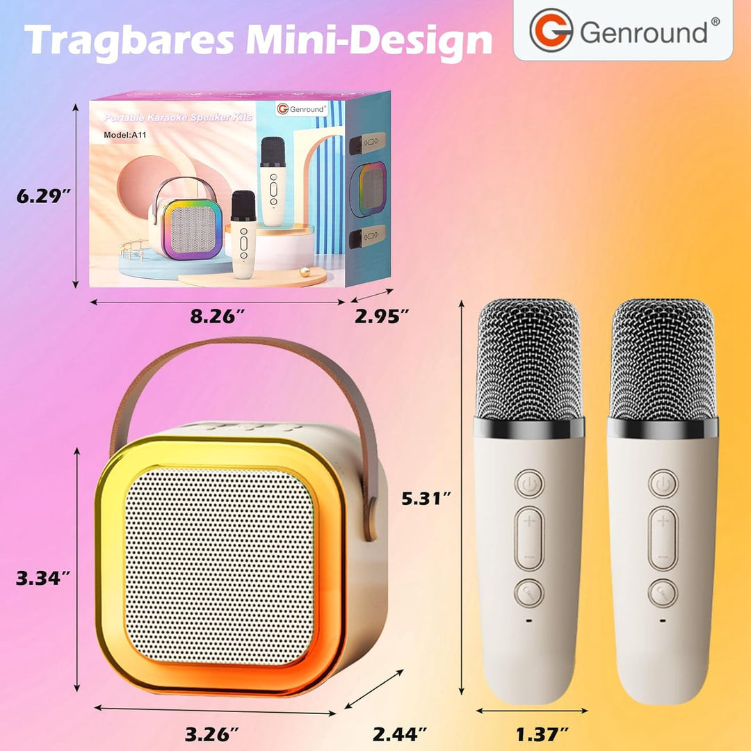 Genround Tragbare Karaoke-Maschine, 2 Mikrofone, Bluetooth-Lautsprecher mit Gesangsentferner, 3 LED-