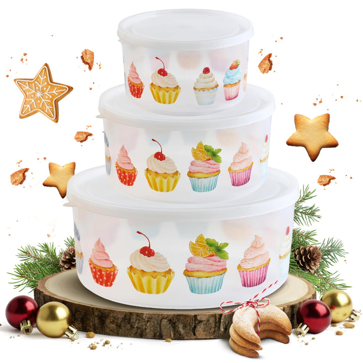 MiraHome Keksdosen 3er Set transparent mit Cupcakes-Design (1,5l/2,5l/5l) – Runde Plätzchendosen – I