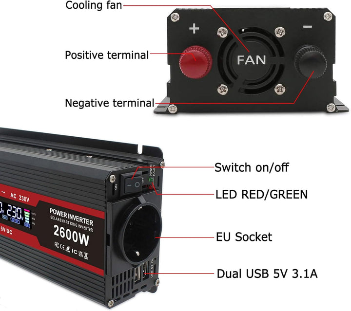 LVYUAN Wechselrichter DC 12V auf AC 230V 2600W Spannungswandler mit EU Steckdosen, 2 USB und LCD-Anz