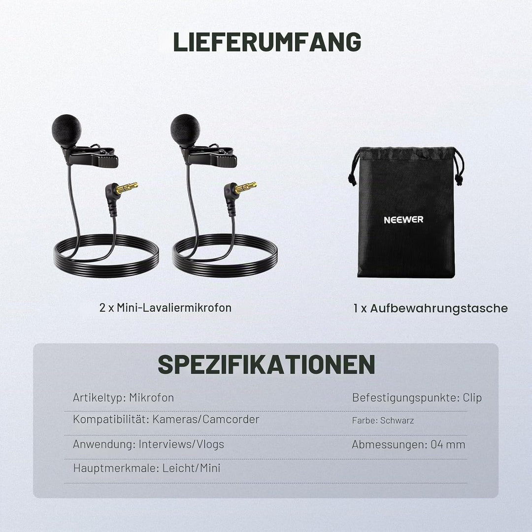 NEEWER ø4mm Mini Lavalier Mikrofon, 2er Pack, ansteckbares Wired Kondensator Ansteckmikrofon Set mit