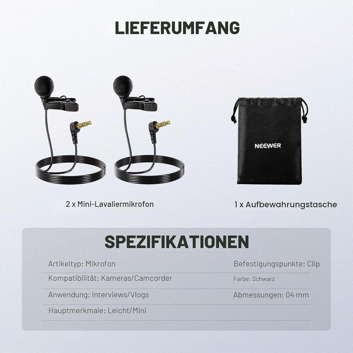 NEEWER ø4mm Mini Lavalier Mikrofon, 2er Pack, ansteckbares Wired Kondensator Ansteckmikrofon Set mit