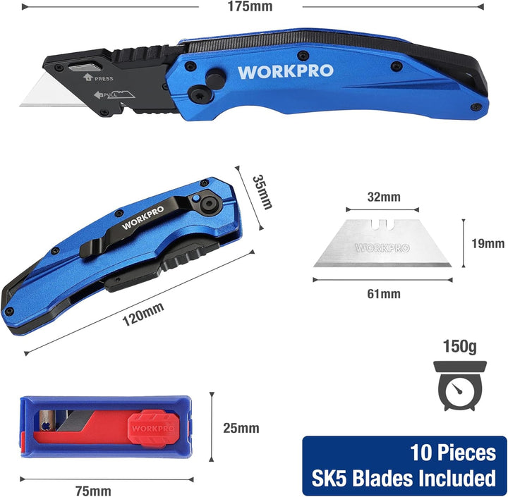 WORKPRO Klappbares Teppichmesser, Schweres Universalmesser aus Vollmetall, Schnellwechselklinge Cutt