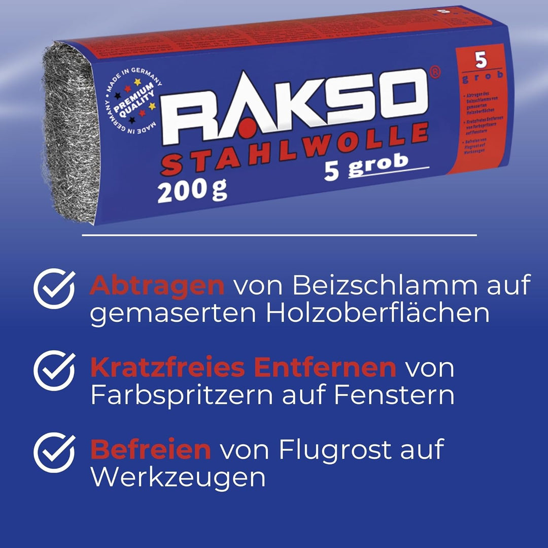 RAKSO Stahlwolle grob 5-4,8 kg, 24 Banderolen à 200g, abtragen Beizschlamm v. Holz, entfernt Farbspr