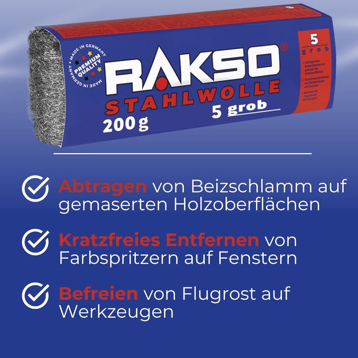 RAKSO Stahlwolle grob 5-4,8 kg, 24 Banderolen à 200g, abtragen Beizschlamm v. Holz, entfernt Farbspr