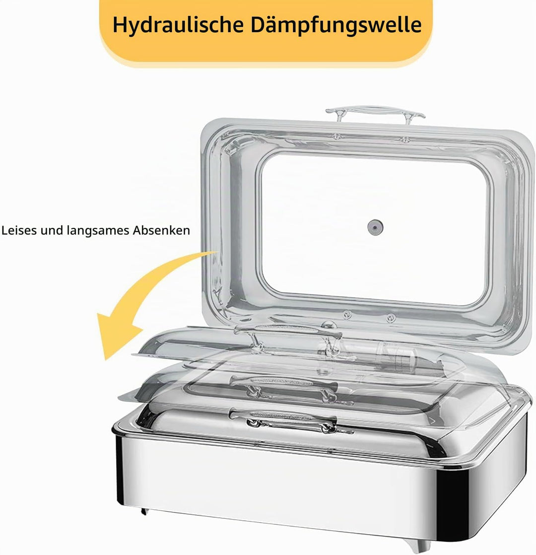 Chafing Dish Elektrisch, 9L Edelstahl Speisewärmer Buffetwärmer mit Sichtbarem Glasdeckel, Einstellb