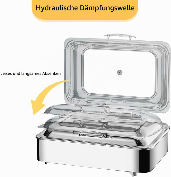 Chafing Dish Elektrisch, 9L Edelstahl Speisewärmer Buffetwärmer mit Sichtbarem Glasdeckel, Einstellb