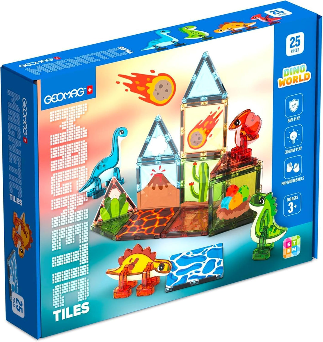 Geomag Magnetic Tiles Dino World - Themen-Set, magnetische Dinosaurier, durchscheinende Paneele, 3D-