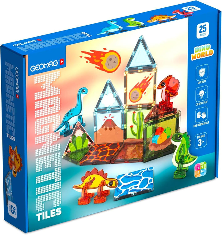 Geomag Magnetic Tiles Dino World - Themen-Set, magnetische Dinosaurier, durchscheinende Paneele, 3D-