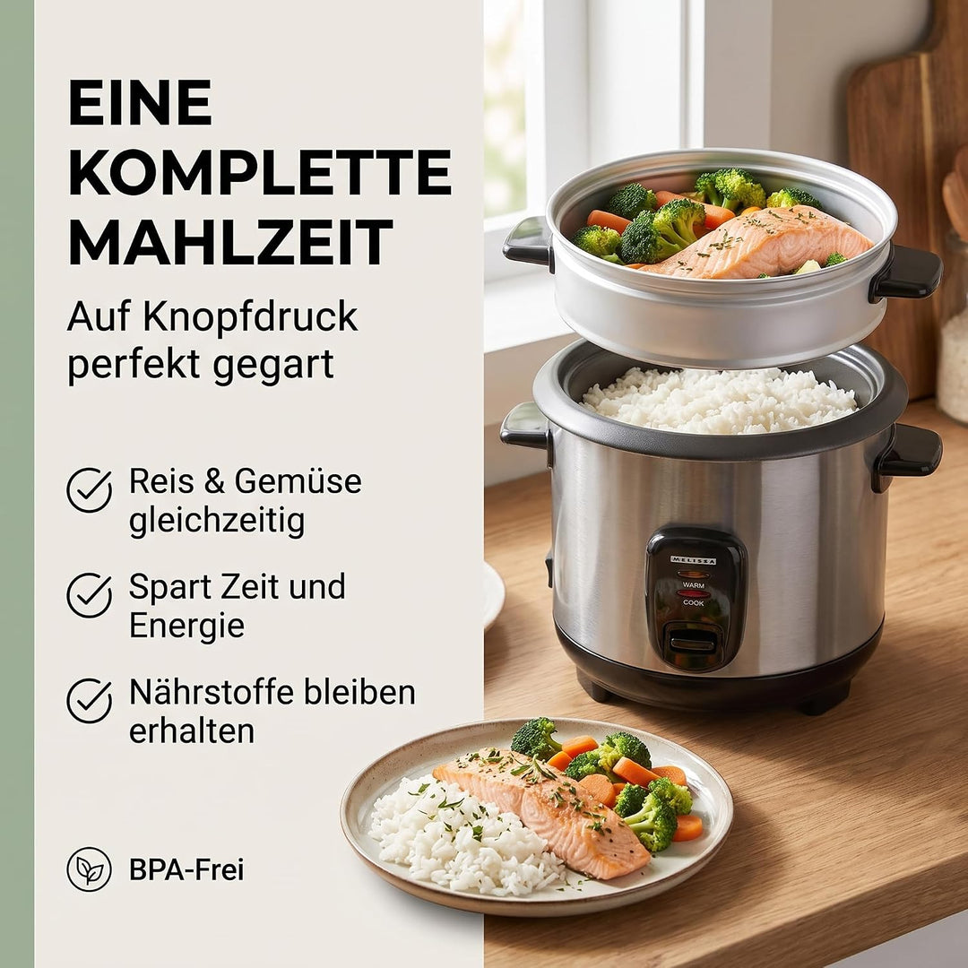 Melissa Reiskocher 1,5 L - 500 W Edelstahl-Reiskocher mit Antihaft-Innentopf, Dämpfkorb für Gemüse &amp;